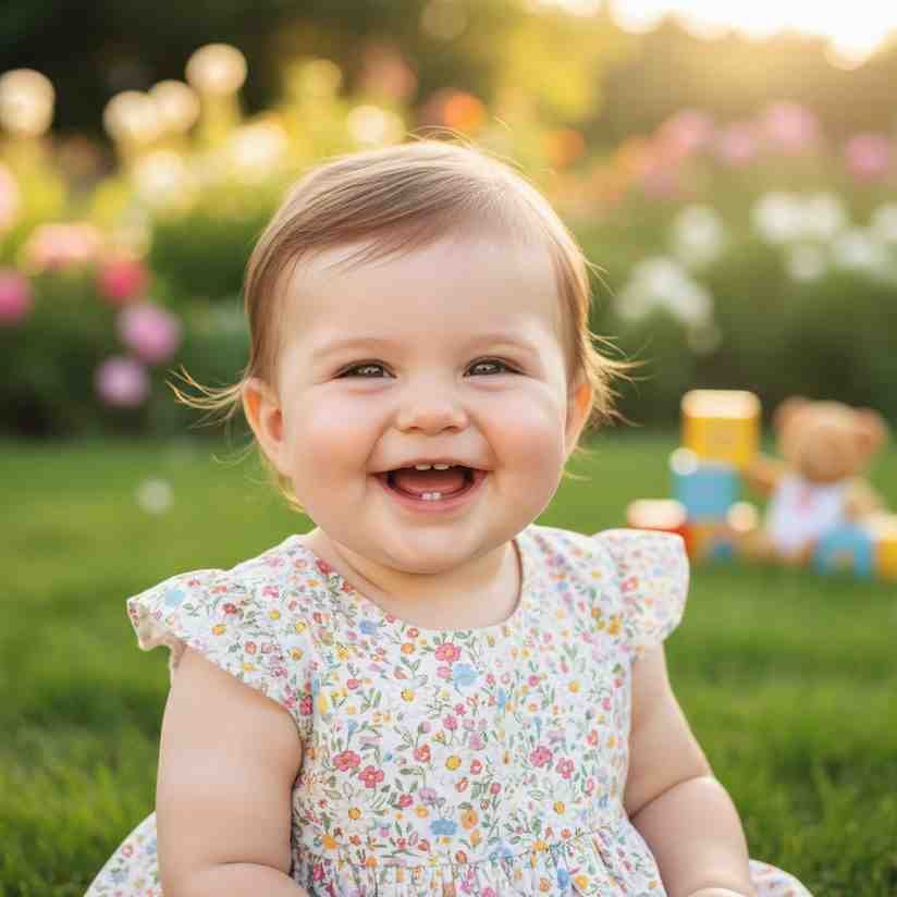 Chubby cheeked smiling baby girl in floral dress