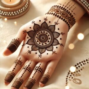 A hand adorned with a simple tikki mehndi design, surrounded by decorative dots and small floral patterns for Eid celebrations