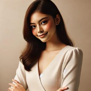 A serene girl softly smiling against a neutral beige background.