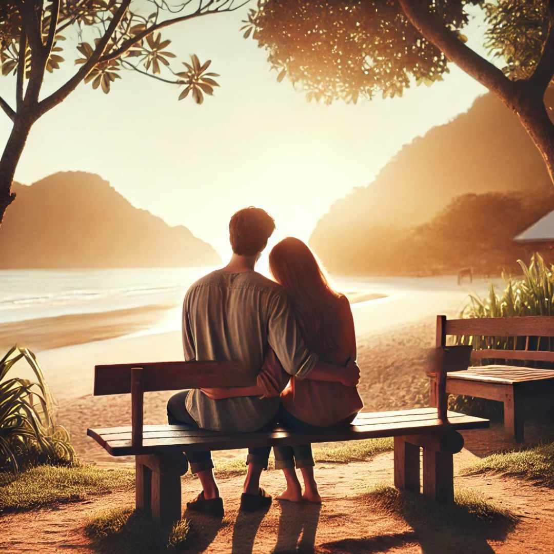 WhatsApp DP for couple featuring a romantic bench scene with a scenic park background.