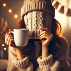 A cozy winter scene of a woman with a knitted hat holding a mug, perfect for a warm and inviting WhatsApp DP.