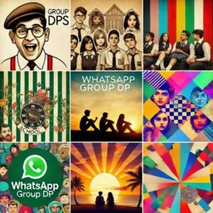 A creative collage of different WhatsApp group DPs, featuring colorful designs, fun illustrations, and group photos.