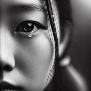 Emotional DP showcasing a close-up black-and-white image of a girl with teary eyes.