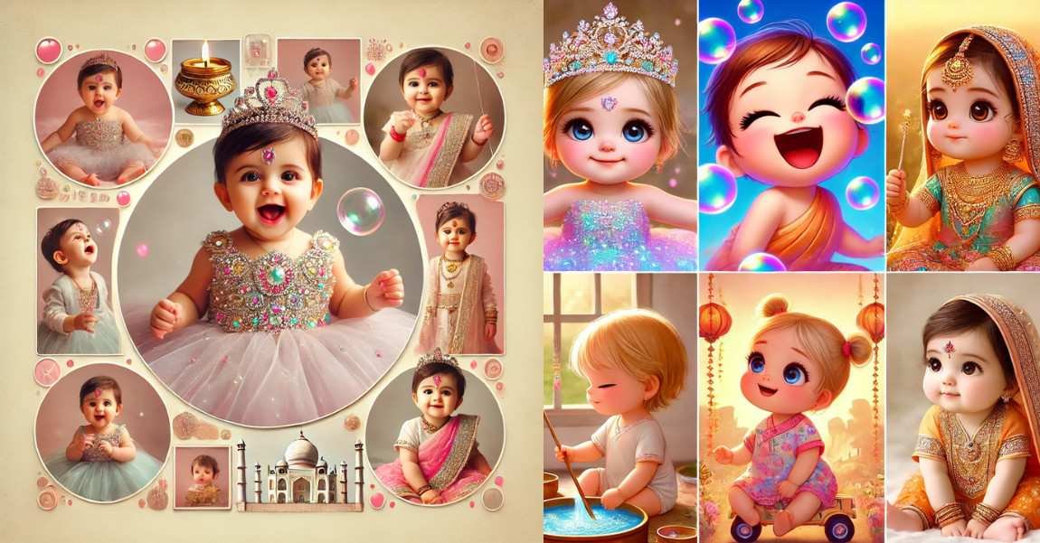A collage of cuteness cute baby girl images for WhatsApp DP, featuring a princess, candid moments, cartoon style, festive attire, and minimalistic themes.