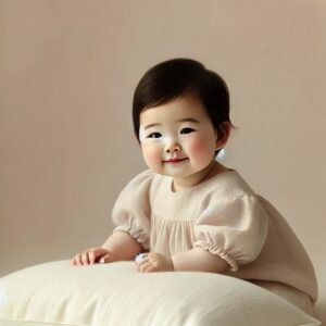 Adorable baby girl sitting on a soft cushion and smiling