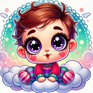 A cartoon-style illustration of a baby girl with big eyes and rosy cheeks.