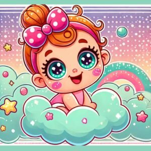 A cartoon-style illustration of a baby girl with big eyes and rosy cheeks.
