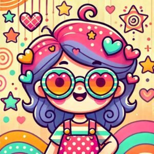 A colorful cartoon-style girl with oversized heart sunglasses and quirky expression.