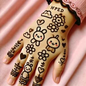 hand decorated with playful cartoon mehndi designs, featuring bunnies, flowers, hearts, and other cute symbols.
