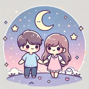 Cute sweet love DP for WhatsApp showing a cartoon couple holding hands under a starry sky.