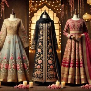A side-by-side showcase of Anarkali suits, Abayas, and sarees in rich colors and intricate embroidery, ideal as an Eid dress for woman.