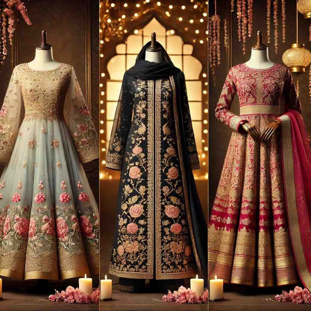 Traditional Eid dresses for women including Anarkali and lehenga styles with rich embroidery