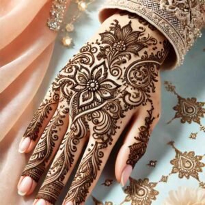 A hand with intricate and detailed mehndi design featuring floral and paisley patterns.