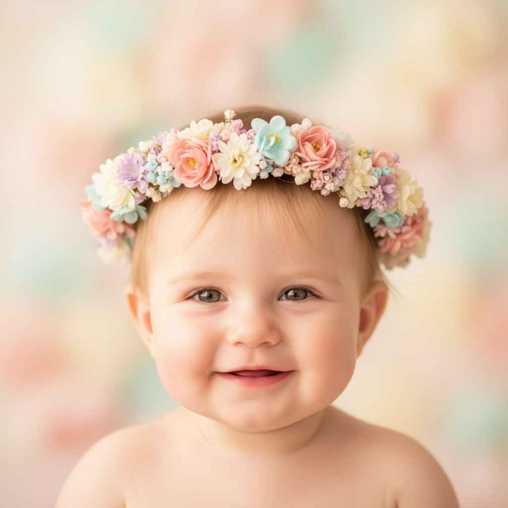 Dimpled smiling baby girl with flower crown for DP
