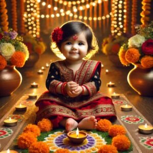 A baby girl in festive attire holding a diya amidst traditional decorations.