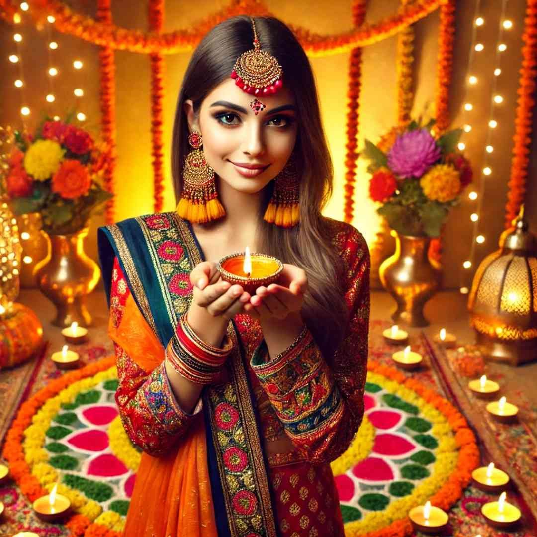 A woman in Indian traditional dress holding a glowing diya amidst vibrant festive decorations.