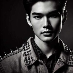 Black and white portrait of a young man in a studded jacket