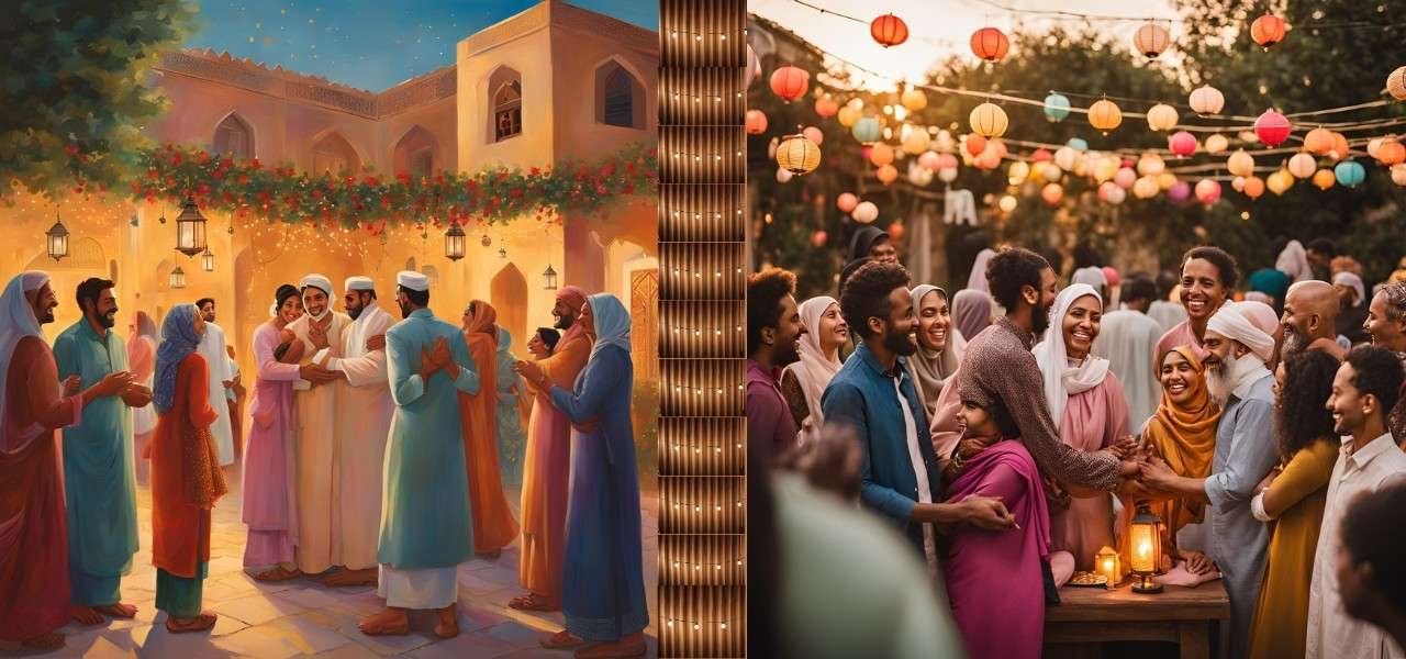 Eid ul Fitr celebration images of people saying goodbye with hugs and smiles