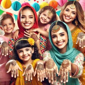 Women and kids dressed in festive outfits, showing off their simple mehndi designs during Eid celebrations.