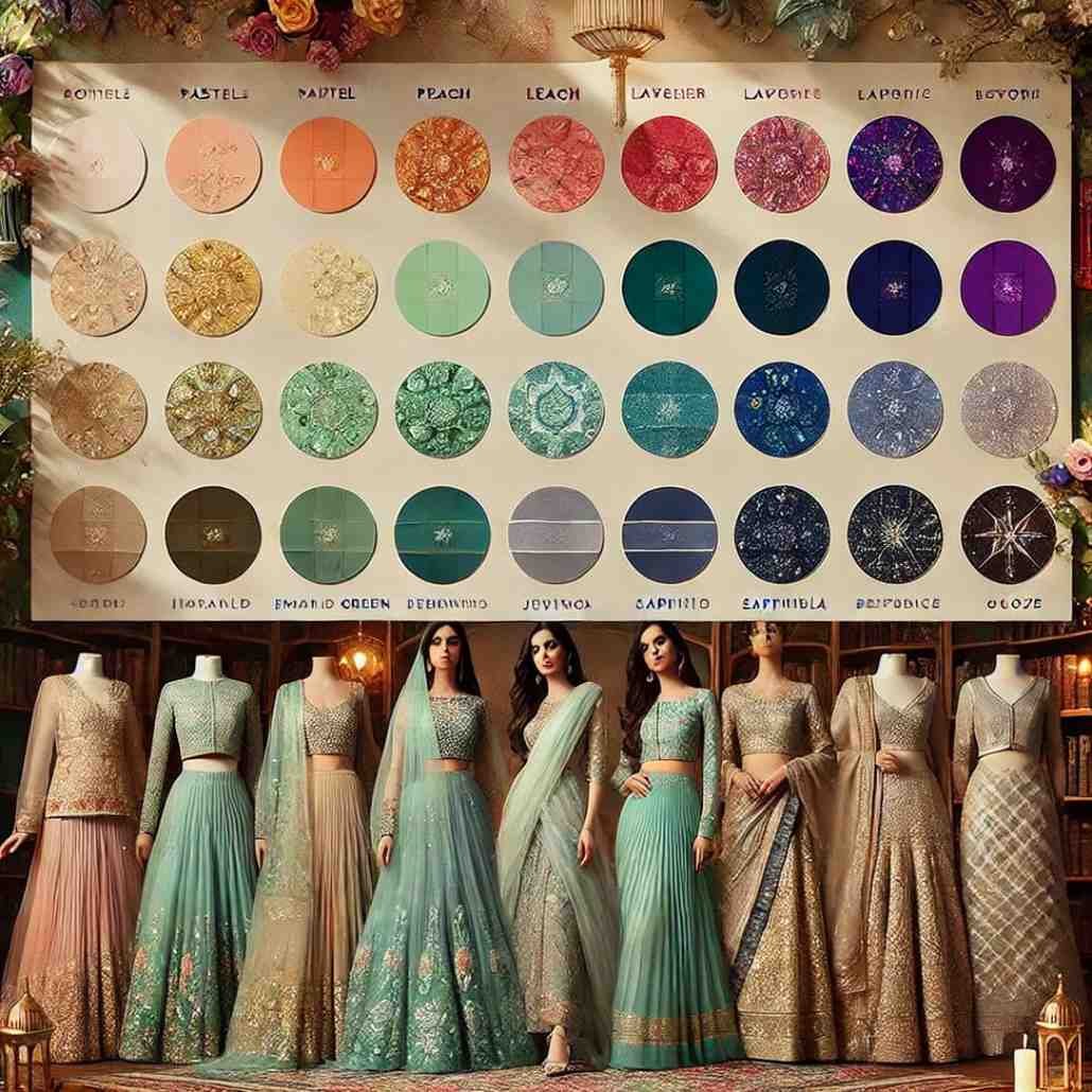 Trending color palettes for Eid dresses for women showcasing festive shades and outfit variations