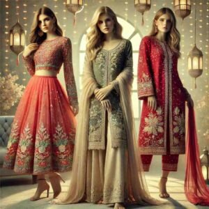 Examples of fusion wear, including a skirt with a crop top, a kaftan with embroidery, and a jumpsuit with festive detailing, as an Eid dress for woman.