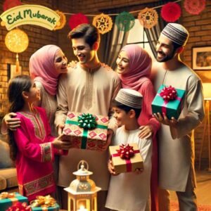 Eid ul Fitr pictures images of a family exchanging gifts and greetings.