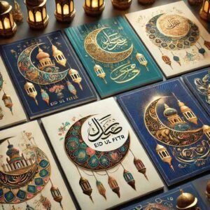 Eid ul Fitr pictures images of traditional greeting cards with crescent moons and lanterns.