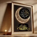 Framed Eid Mubarak art with golden crescent moon and Arabic calligraphy