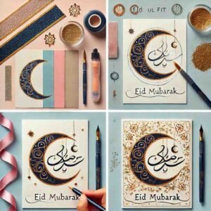 DIY Eid ul Fitr celebration images of greeting cards with ribbons and glitter