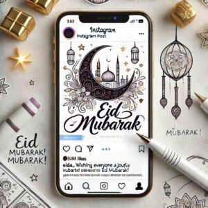 Eid Mubarak greeting displayed on a smartphone with intricate designs and crescent moon.