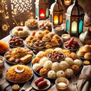 Eid fitr images of a table with seviyan, biryani, dates, and sweets
