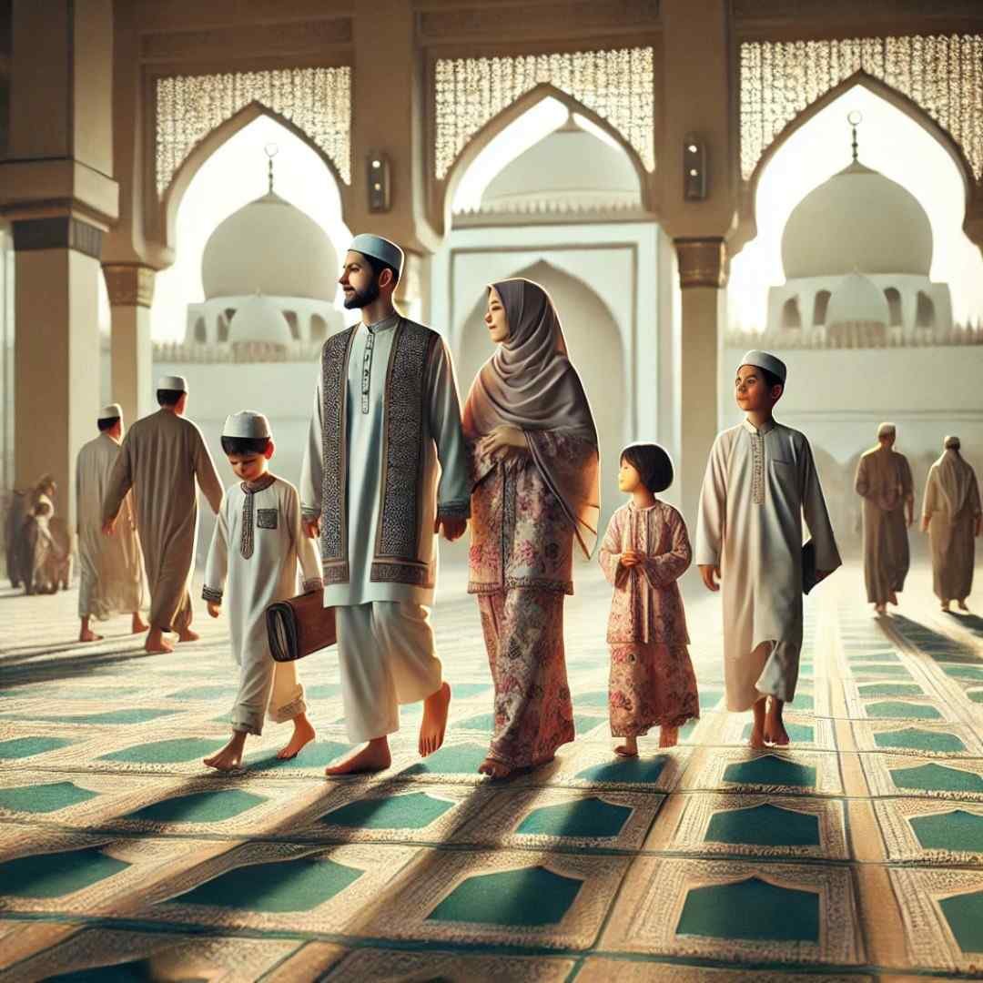 Family arriving early at Eidgah for Eid ul Fitr namaz ki niyat.