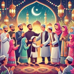 Group of people exchanging Eid Mubarak greetings during Eid ul Fitr celebration.