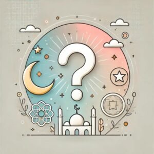 Graphic of a question mark with crescent moon and star for Eid ul Fitr prayer FAQs