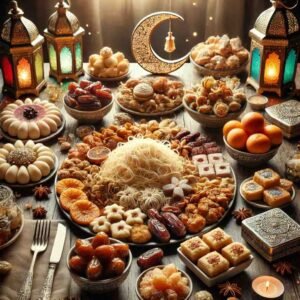 traditional Eid ul Fitr feast table filled with festive sweets, dry fruits, and desserts surrounded by lanterns and a crescent moon.