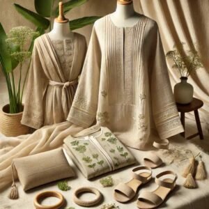 An eco-friendly Eid outfit made from organic fabric, paired with simple accessories, as a sustainable Eid dress for woman.