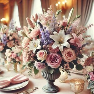Beautiful floral arrangements featuring roses, lilies, and lavender in a luxurious setting.