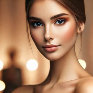 A serene young woman in natural makeup with golden lighting.