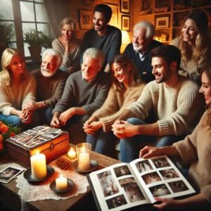 A family gathered around a table sharing memories from a photo album by candlelight.