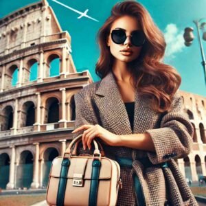 A stylish girl with a suitcase at a railway station, showcasing a travel-inspired vibe.
