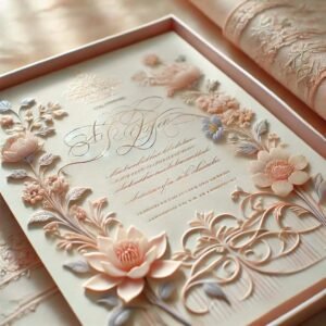 Elegant floral wedding invitation with 3D embossed designs in soft pastel tones.