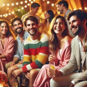 Group of friends enjoying a vibrant celebration with drinks, laughter, and lights.