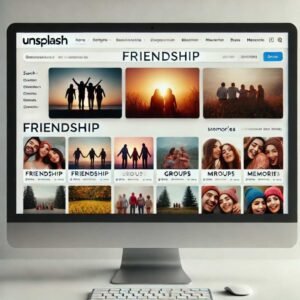 Mockup of a stock photo website gallery showcasing friendship-themed images for WhatsApp group DPs.