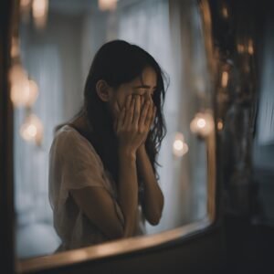 A young girl sitting by a window with sunlight streaming in, showcasing sadness for a WhatsApp DP sad girl.