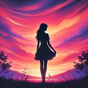 DP Shayari girl silhouette standing gracefully against a glowing sunset.