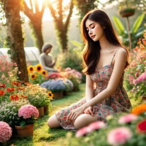 A tranquil young woman in a floral garden with sunlight filtering through.