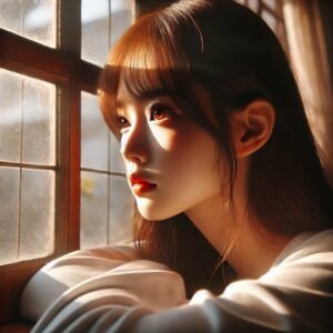 A young girl sitting by a window with sunlight streaming in, showcasing sadness for a WhatsApp DP sad girl.