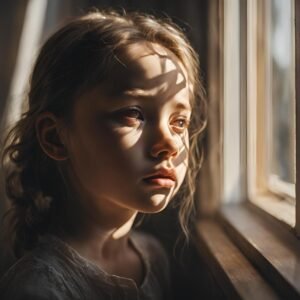 A girl gazing out of a window with light and shadows falling on her face, capturing a sense of contemplation and solitude, ideal for a reflective WhatsApp DP.