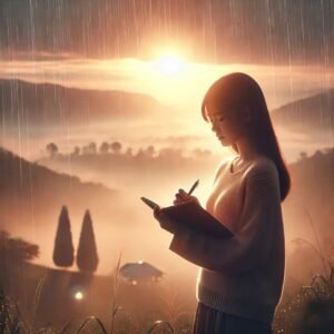 Emotional DP of a girl holding a notebook against a scenic foggy or rainy background.
