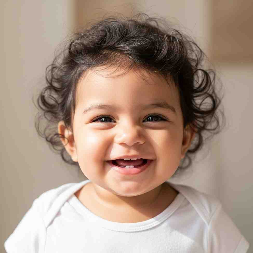 Grinning baby girl in white onesie WhatsApp profile pic